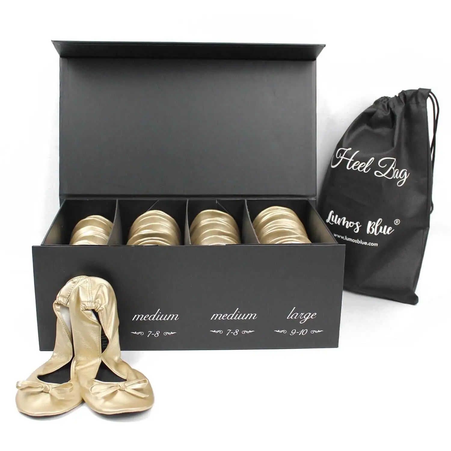24 Pairs Fold Up Flats in Luxury Box for Weddings&Events-Lumos Blue Wedding Guest Flats-Champagne Gold