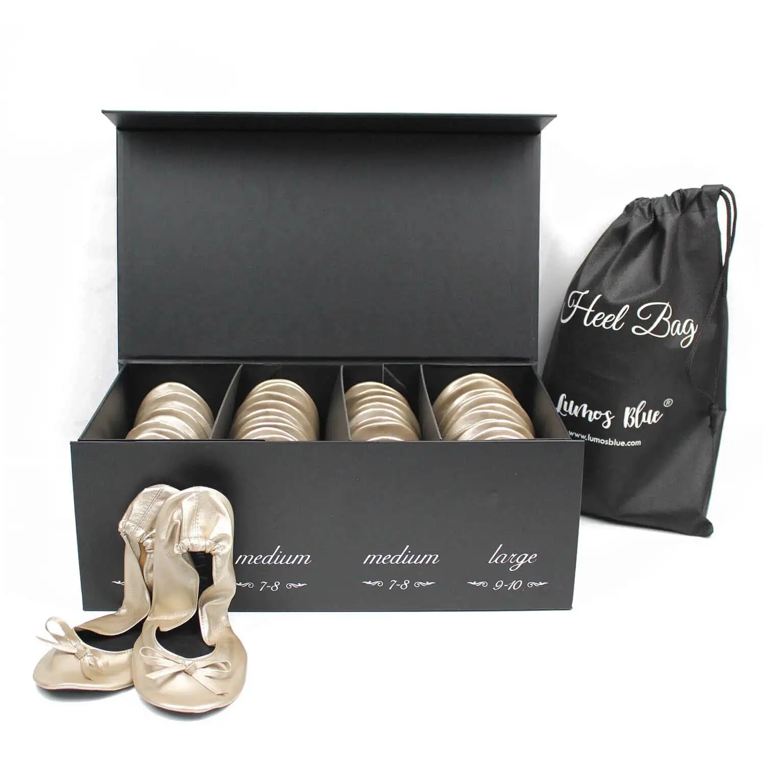 24 Pairs Fold Up Flats in Luxury Box for Weddings&Events-Lumos Blue Metallic Bronze Wedding Ballet Flats