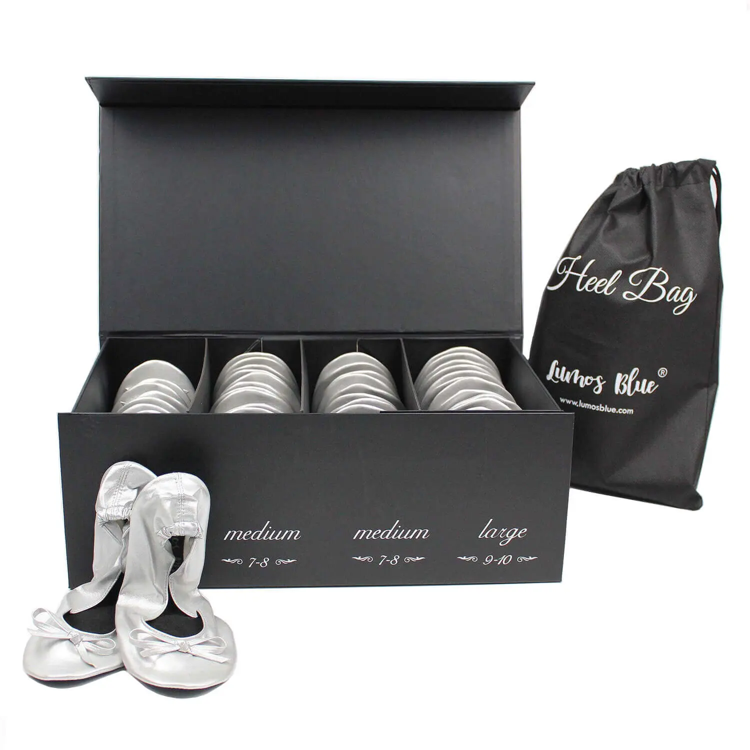 24 Pairs Fold Up Flats in Luxury Box for Weddings&Events-Lumos Blue Bulk comfortable silver flats for wedding