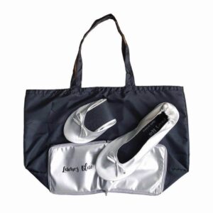 Close-up of Lumos Blue foldable flats and tote bag