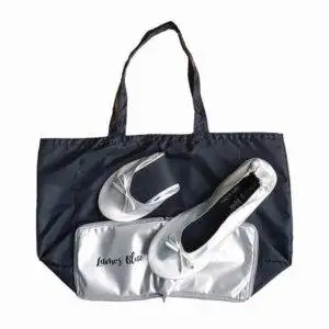 Silver foldable ballet flats with tote bag-1 Close-up of Lumos Blue foldable flats and tote bag