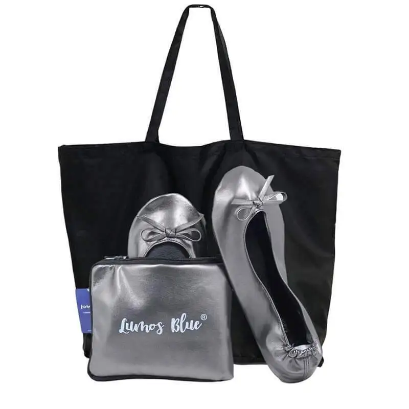 Women's Best Foldable Flats Portable Flats Shoes with Expandable Tote Bag-Metallic Grey Best Foldable Flats