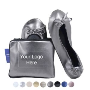 custom metallic grey portable ballet flat shoes with tote bag-2A_副本 Foldable Ballet Flats with Pouch