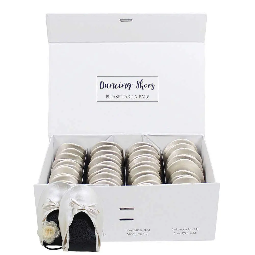 Pearl Ivory Foldable Ballet Slippers 24 Pairs Box Set with Organza Camellia Hair Ties