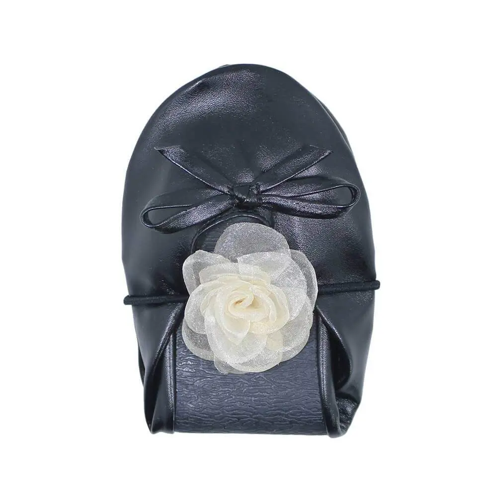 black foldable ballet flats with organza camellia hair tie