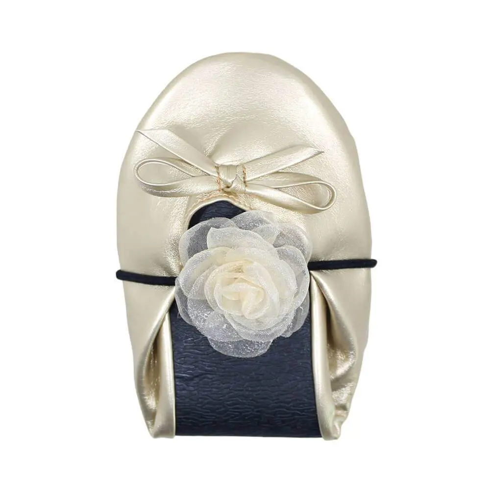 gold foldable ballet flats with organza camellia hair tie