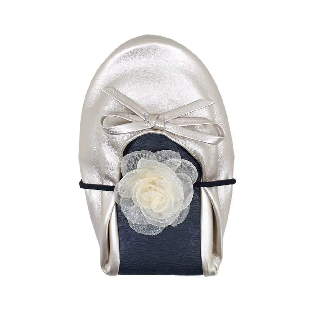 champagne gold foldable ballet flats with organza camellia hair tie