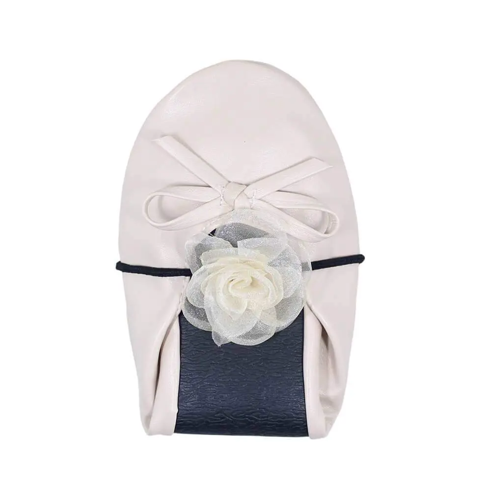 24 Pairs of Nude Folding Flats for Wedding Guests by Lumos Blue nude foldable ballet flats with organza camellia hair tie