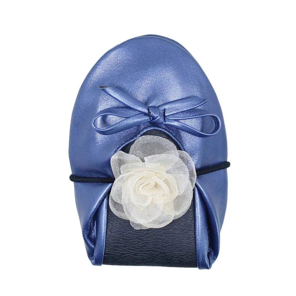 navy blue foldable ballet flats with organza camellia hair tie