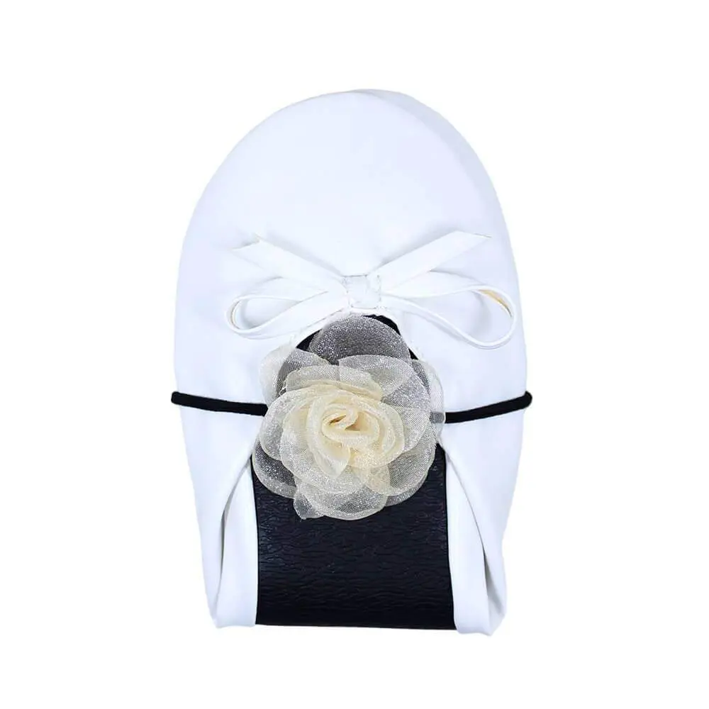 white foldable ballet flats with organza camellia hair tie