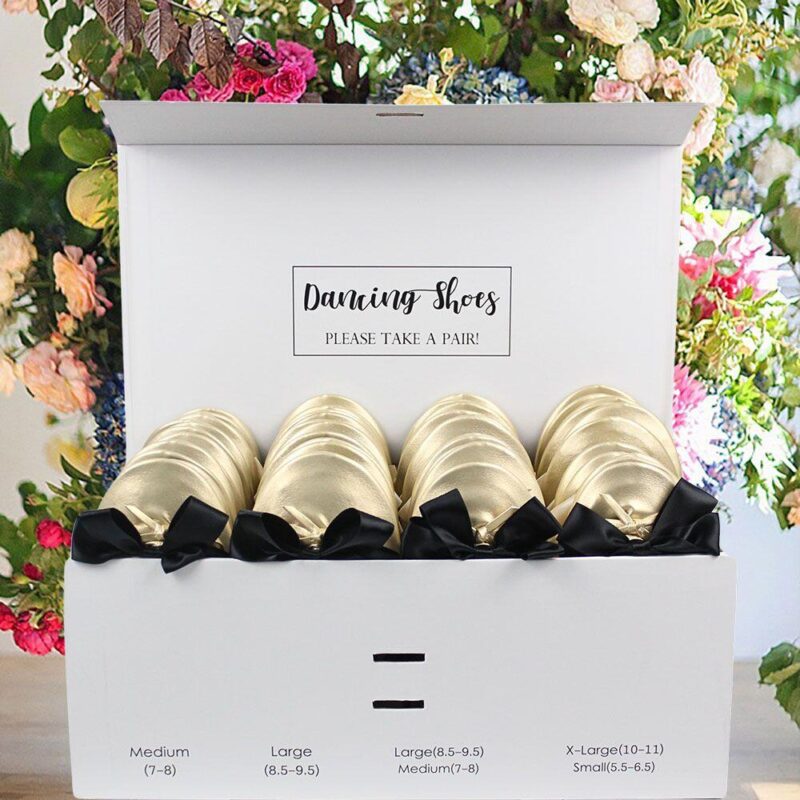 24 pairs of gold shoes for guest of wedding by Lumos Blue