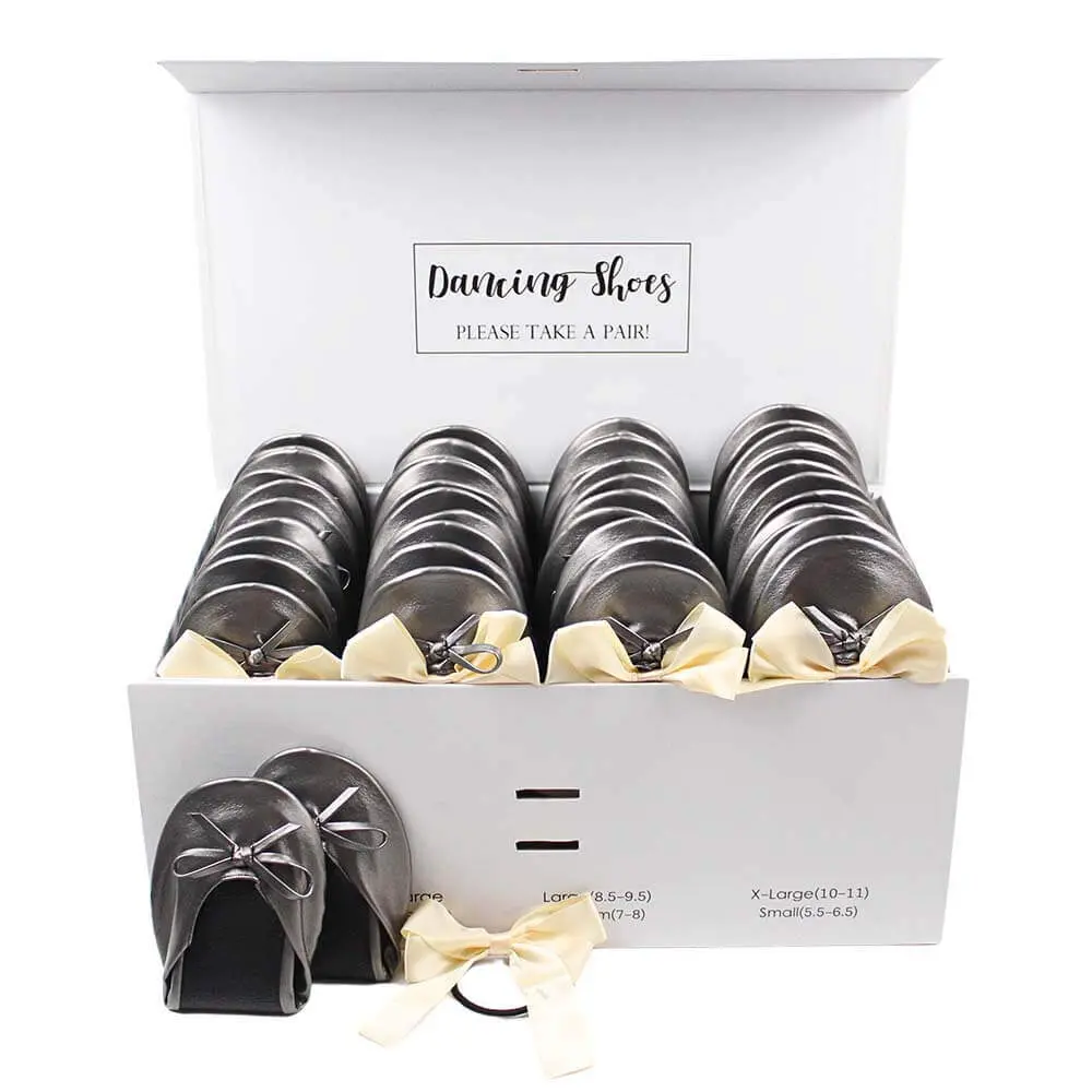 24-Pair Grey Foldable Flats for Wedding Guests by Lumos Blue 24 grey ballet flats with beige bow ties box set-3