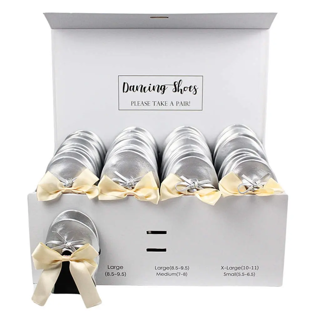 24-Pair Silver Foldable Flats for Wedding Guests by Lumos Blue 24 silver ballet flats with beige bow ties box set-2