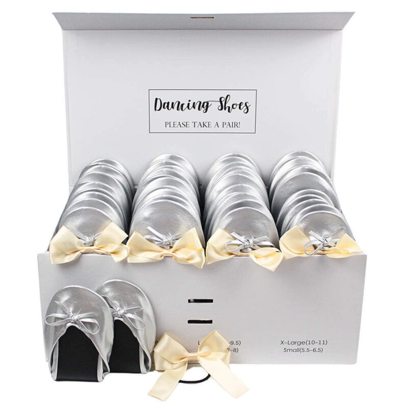 24 silver ballet flats with beige bow ties box set-2