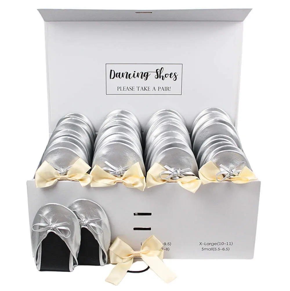24-Pair Silver Foldable Flats for Wedding Guests by Lumos Blue 24 silver ballet flats with beige bow ties box set-2
