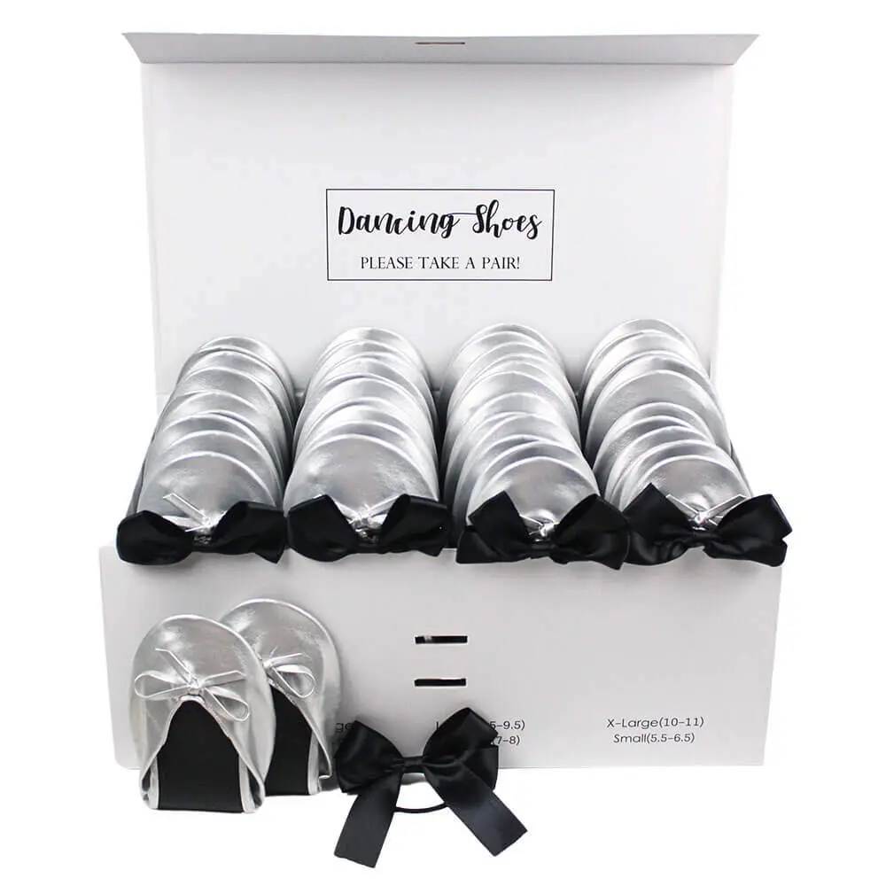 24 silver ballet flats with black bow ties box set-3