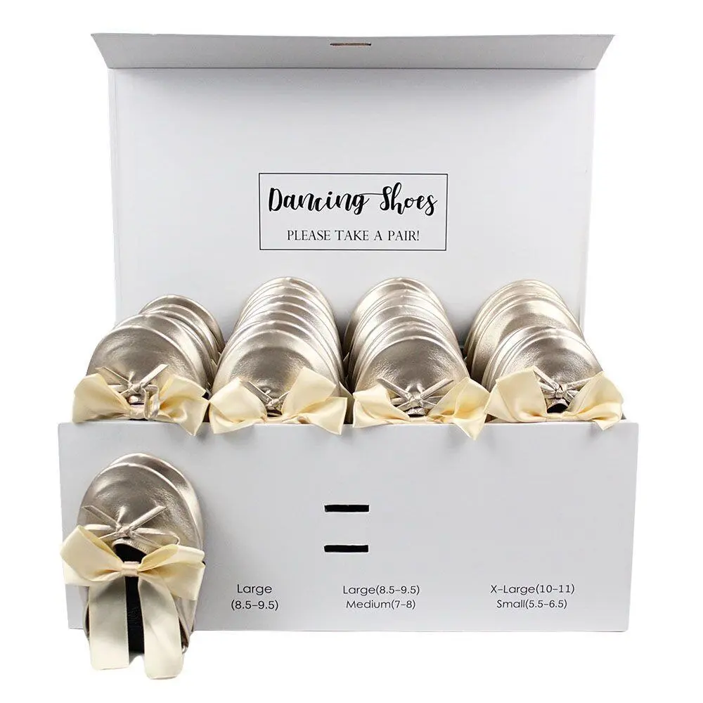 24-Pair Metallic Bronze Foldable Flats for Wedding Guests by Lumos Blue 24 metallic bronze ballet flats with beige bow ties box set by Lumos Blue