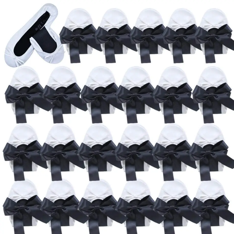 24 pairs boxed of white foldable ballet slippers by Lumos Blue-black bow ties